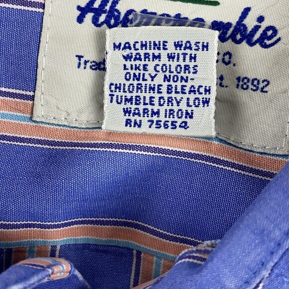 Vintage Abercrombie Mens Blue & Peach Muscle Fit Striped Button-Down Shirt Med - Picture 5 of 16